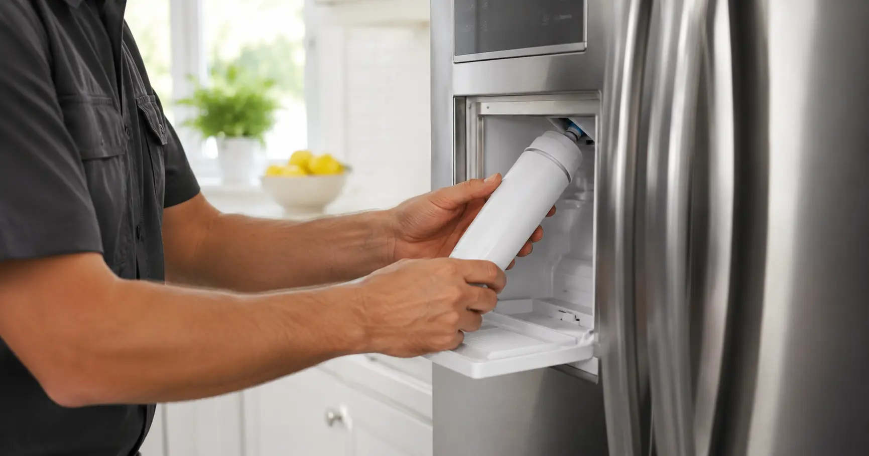 Homeowner replacing a refrigerator water filter to improve water flow for a slow ice maker